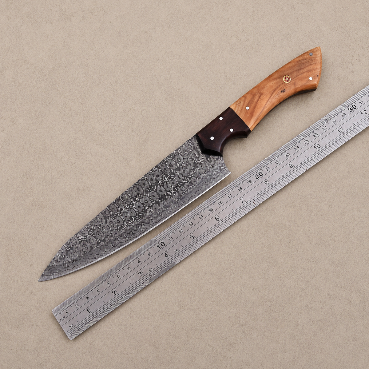 Olive Ridge Elite Damascus Chef Knife – Handmade Premium Damascus Steel with Olive Wood & Rosewood Handle | 12" Full Tang