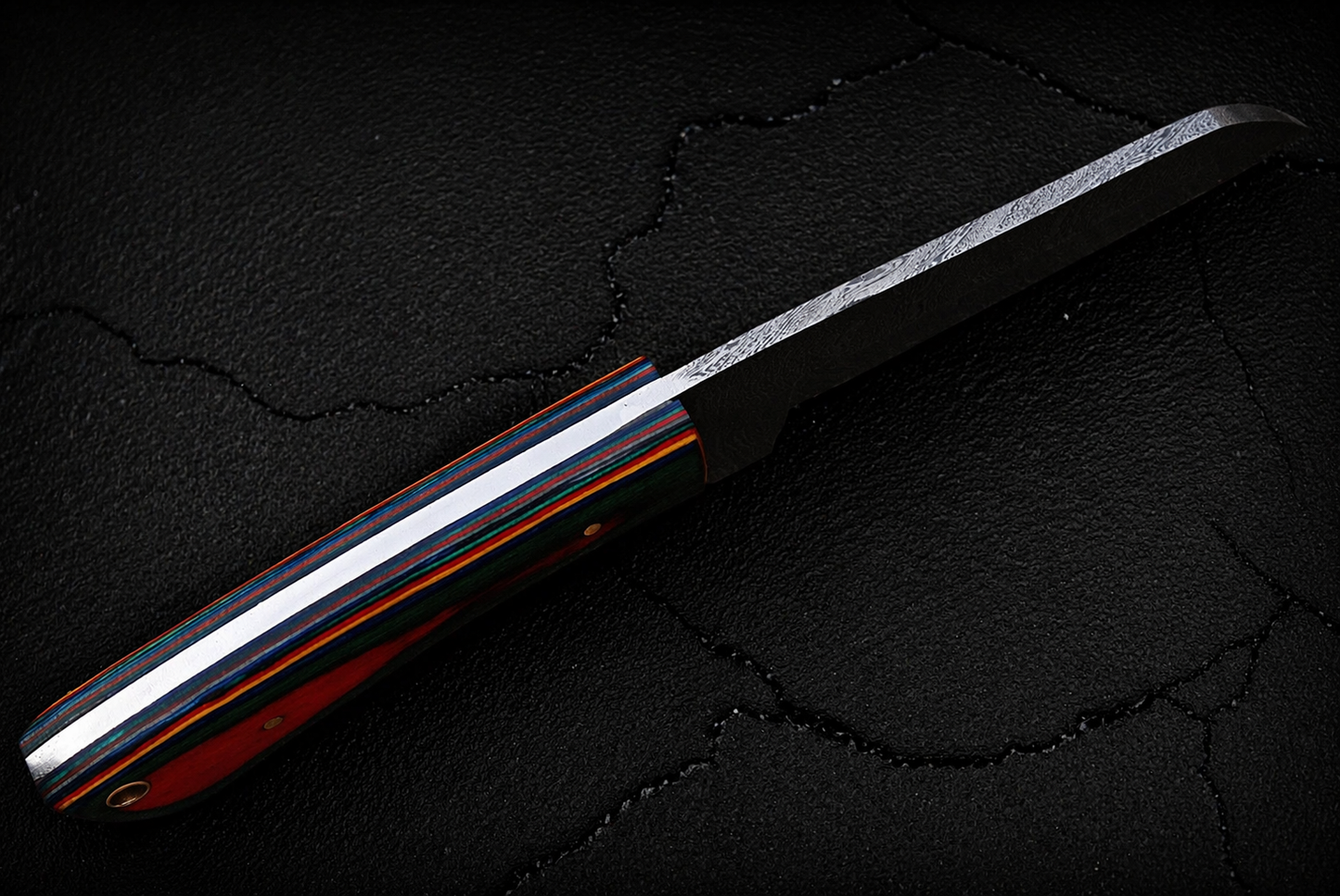 Hand Forged Damascus Steel Fixed Blade Tool with Wood Handle – Compact Utility Tool with Leather Sheath