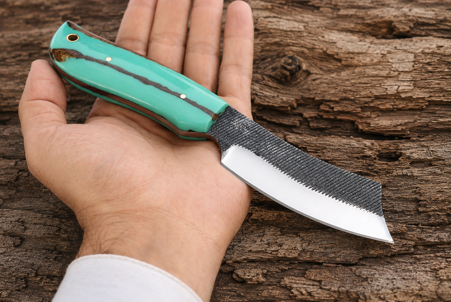Hand Forged Railroad Spike Fixed Blade Knife – Rustic Steel Knife with Resin Handle & Leather Sheath