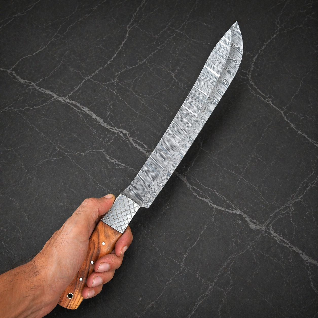 Handmade Damascus Steel Brisket Chef Knife with Wood Handle & Leather Sheath