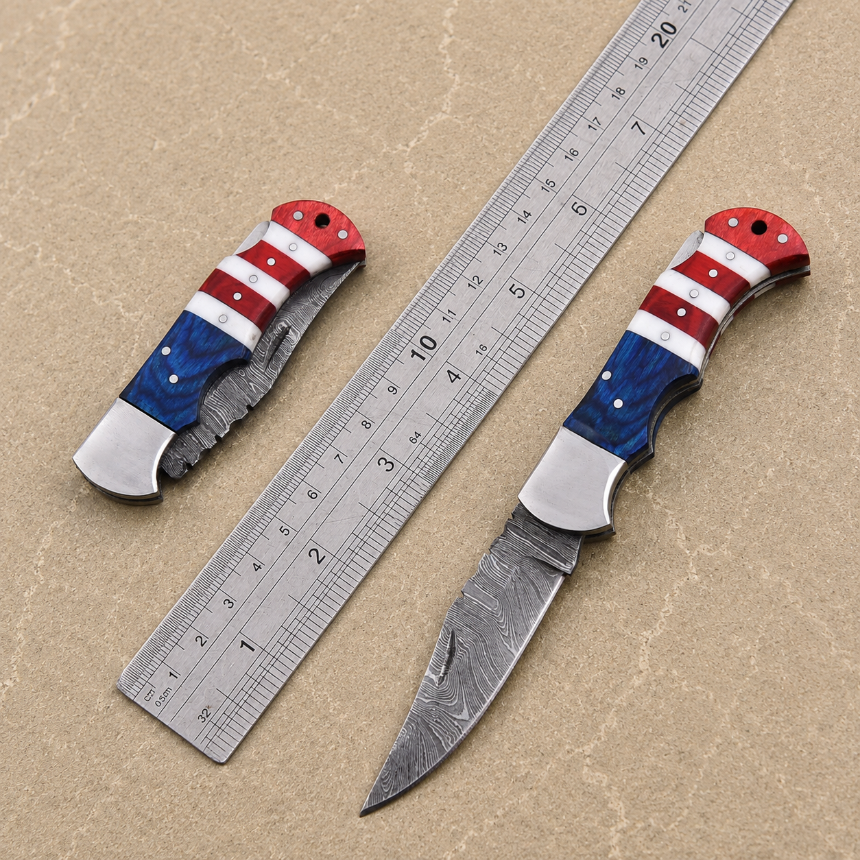 Artisan Folding Damascus Steel Pocket Knife – Blue & Red  Pakka Wood & Ivory Bone Handle, Steel Bolster & Classic Back Lock