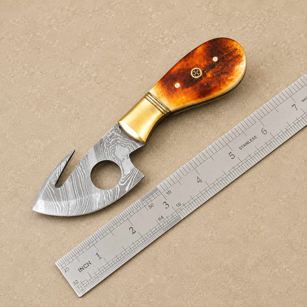 Bone Crest Damascus Steel Utility Knife – 512 Layer Hand Forged Compact Fixed Blade with Bone Handle & Leather Sheath