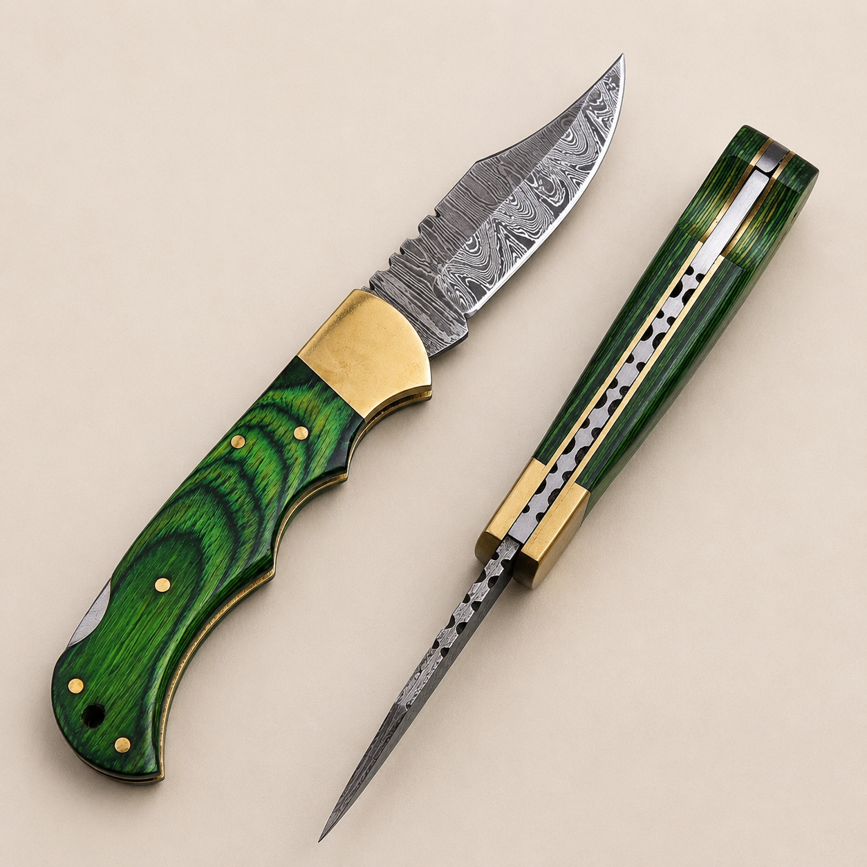 Artisan Folding Knife – Premium Green Pakka Wood Handle & Leather Sheath