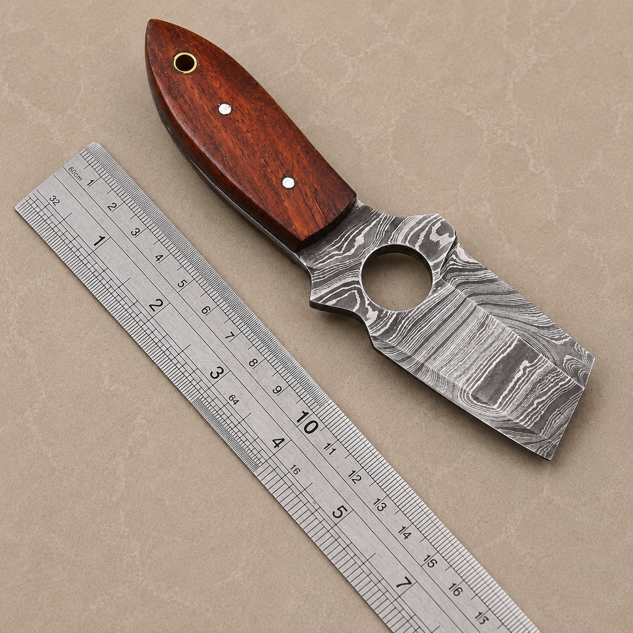 Custom Handmade Damascus Steel Fixed Blade Utility Tool with Wood Handle – 512 Layers Compact Collectible with Leather Sheath