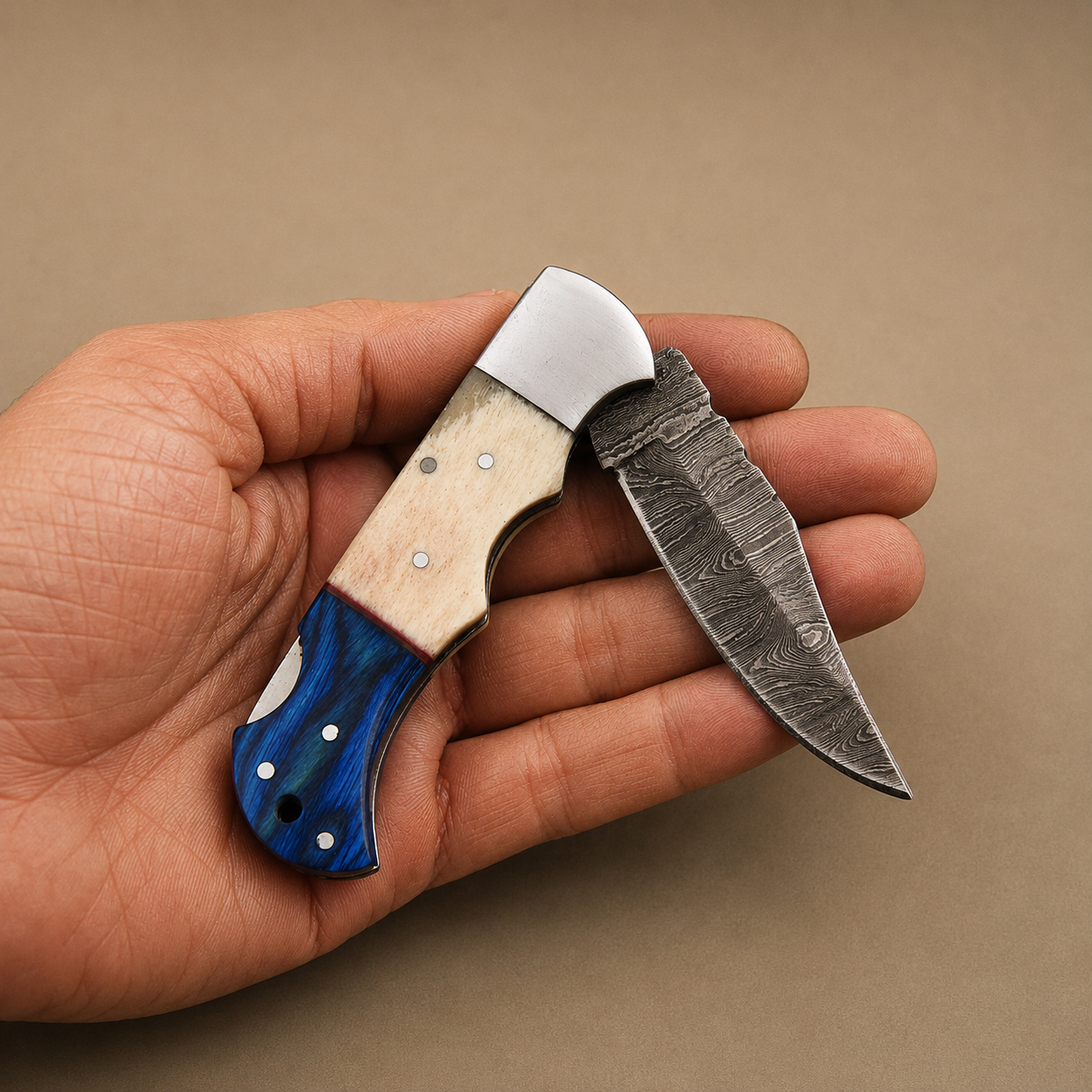 Blue Ridge Damascus Folding Knife – Bone & Blue Wood Handle with Custom Engraving