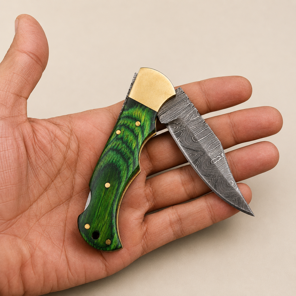 Artisan Folding Knife – Premium Green Pakka Wood Handle & Leather Sheath