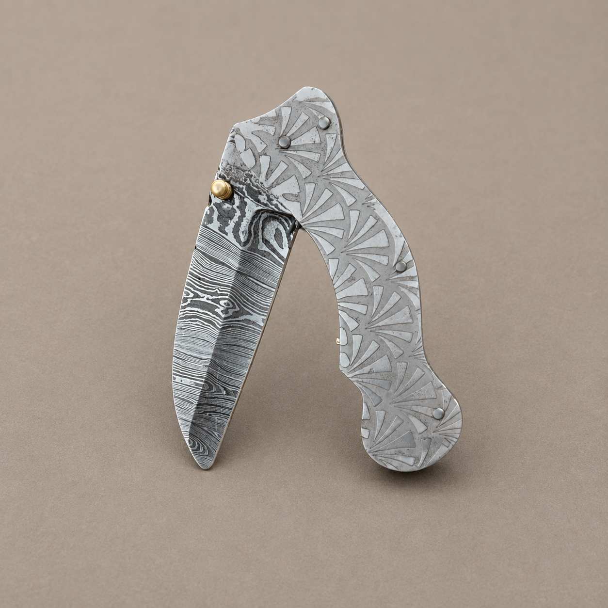 Hand Forged Damascus Steel Folding Pocket Knife with Engraved Steel Handle