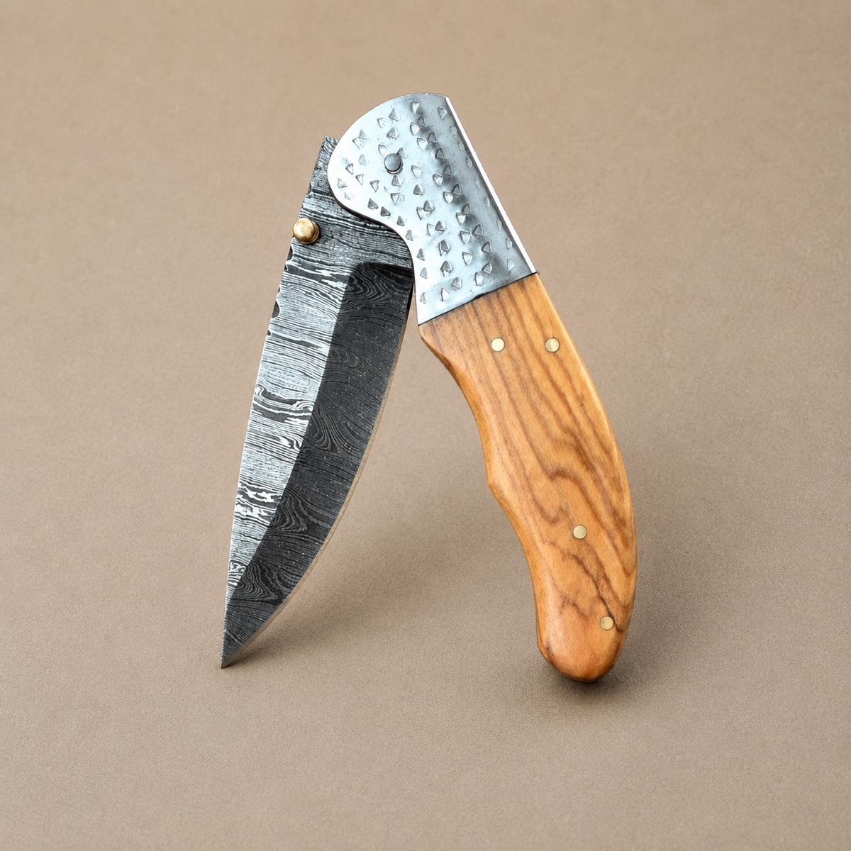 Hand Forged Damascus Steel Folding Pocket Knife with Wood Handle