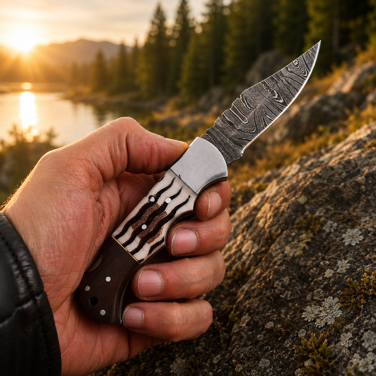 Personalized Damascus Folding Knife – Rosewood & Horn Handle Pocket Knife with Custom Engraving & Leather Sheath