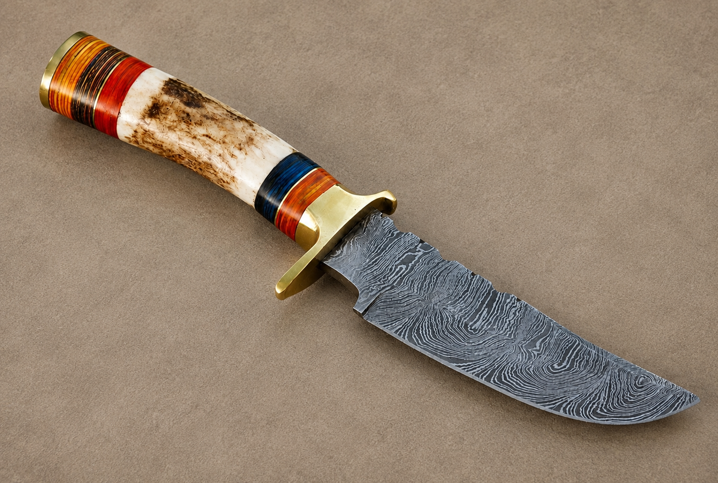 Hand Forged Damascus Steel Outdoor Knife with Stag Handle & Brass Guard – 512 Layers Knife