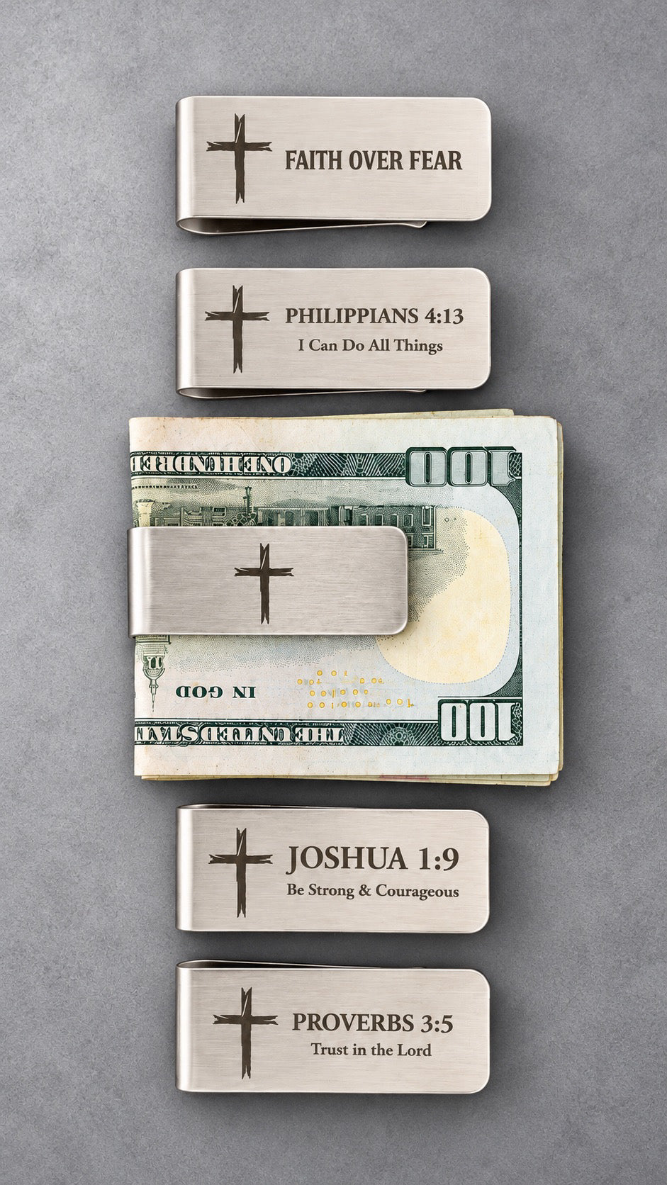 5-Pack Stainless Steel Christian Money Clips – Cross Designs & Bible Verses