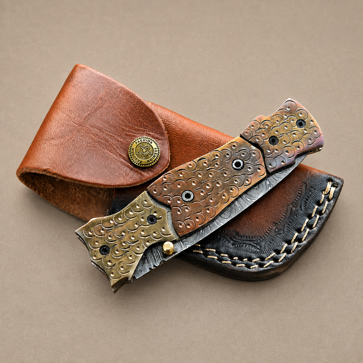 Hand Forged Damascus Steel Folding Pocket Knife with Engraved Steel Bolster