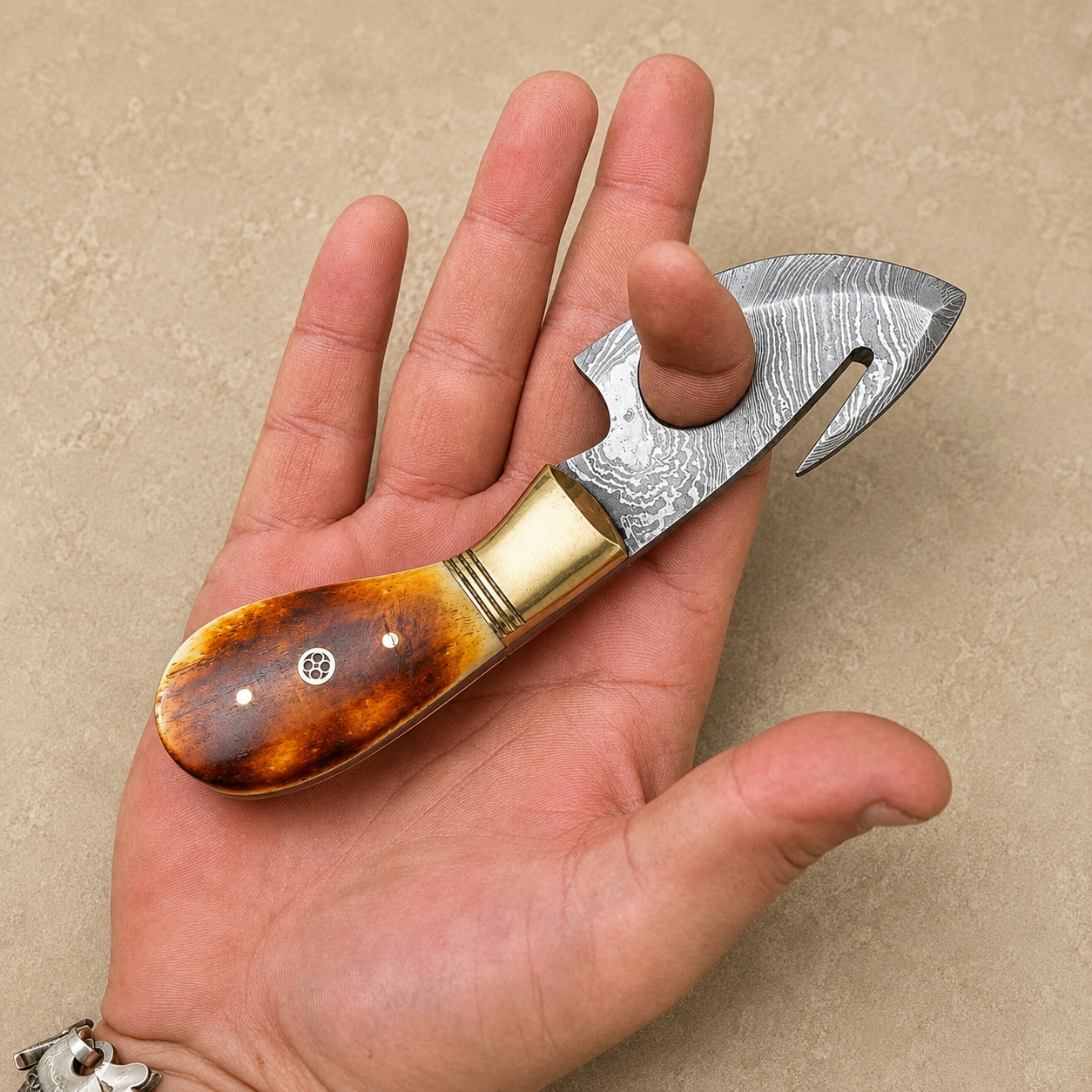 Bone Crest Damascus Steel Utility Knife – 512 Layer Hand Forged Compact Fixed Blade with Bone Handle & Leather Sheath