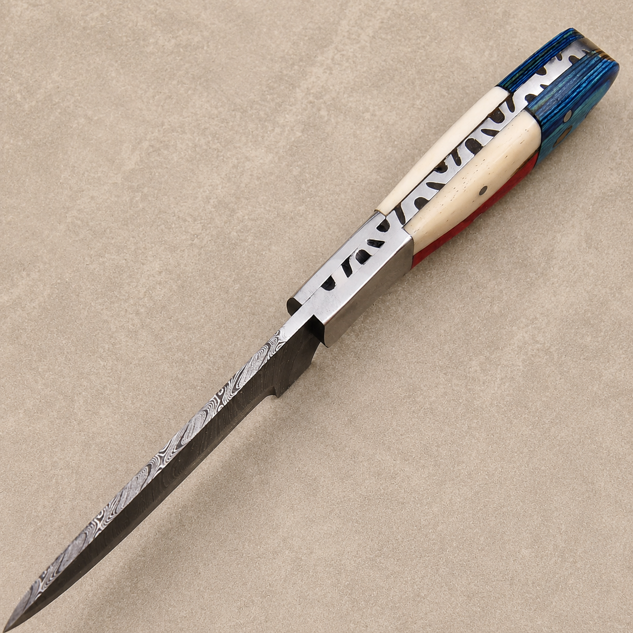 Lone Republic Damascus Knife – 512-Layer Hand Forged Fixed Blade with Texas Flag Bone & Wood Handle, Genuine Leather Sheath