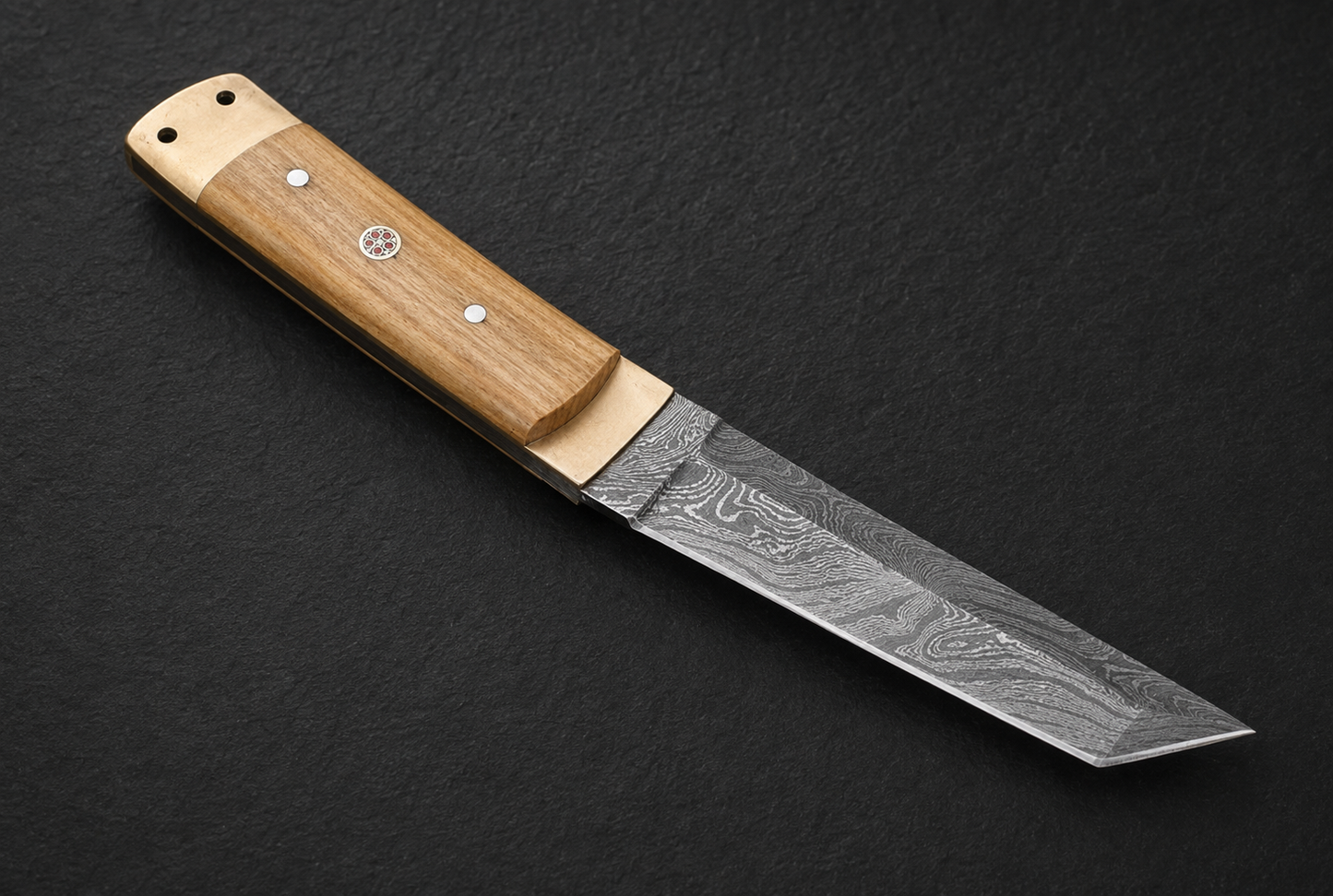 Copper Grove Damascus Steel Utility Knife – 512 Layer Hand Forged Tanto-Style Blade with Olive Wood Handle, Copper Bolster & Leather Sheath