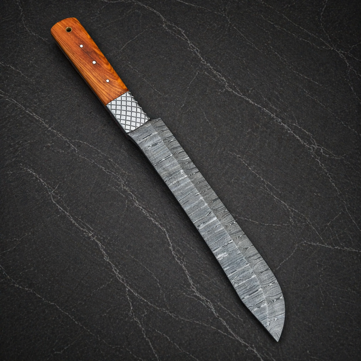 Handmade Damascus Steel Brisket Chef Knife with Wood Handle & Leather Sheath