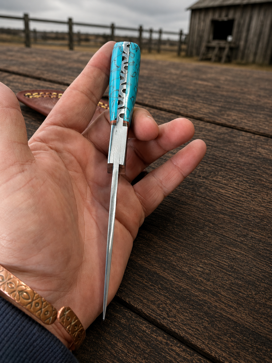 Handmade D2 Steel Fixed Blade Knife with Resin Handle & Leather Sheath – Mirror Polished Finish