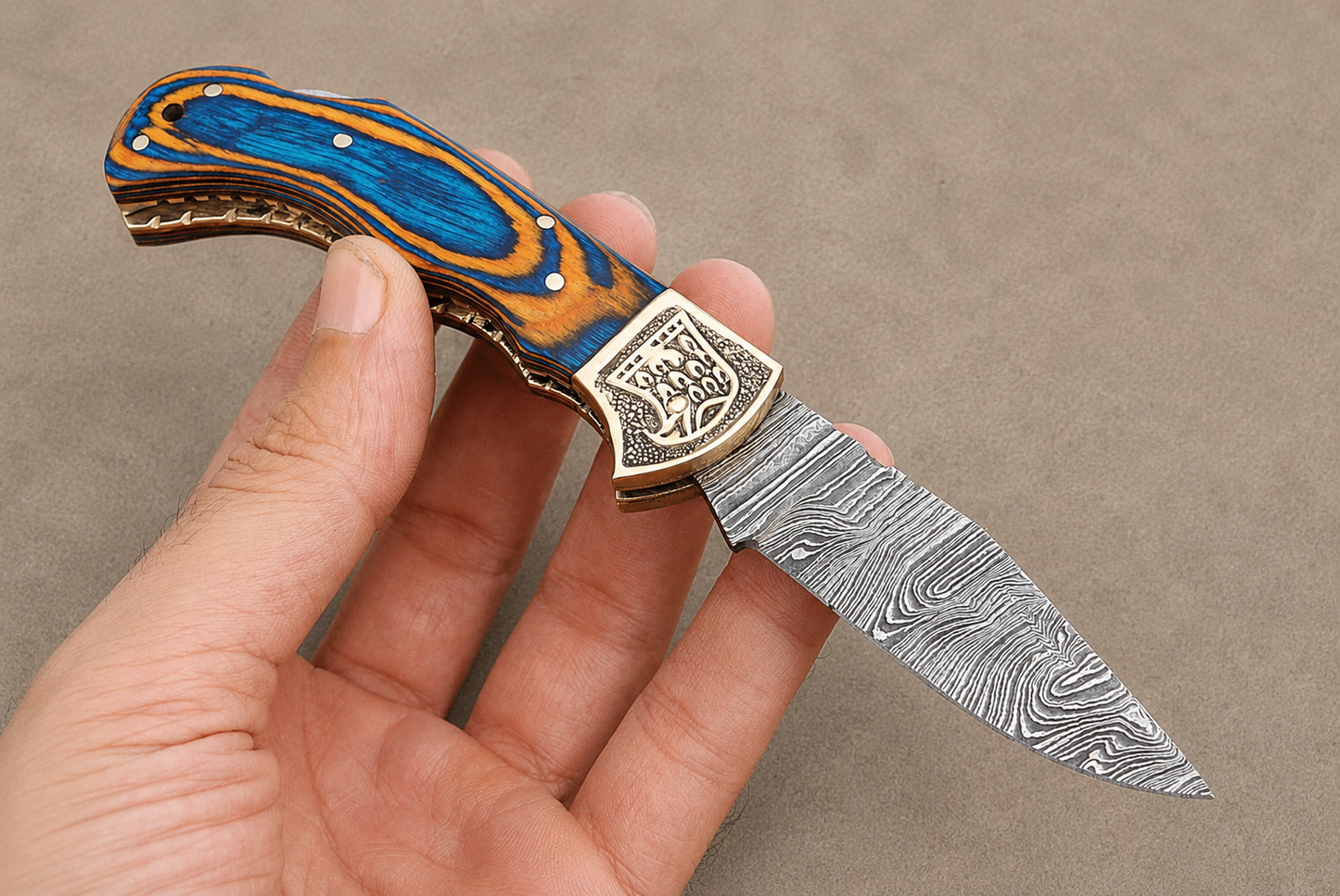 Hand Forged Damascus Steel Folding Pocket Knife with Wood Handle