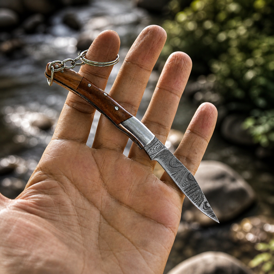 Hand Forged Damascus Steel Folding Knife – 3” Compact Pocket Knife with Wood & Steel Handle (512 Layers)