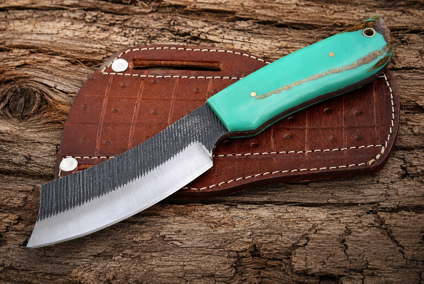 Hand Forged Railroad Spike Fixed Blade Knife – Rustic Steel Knife with Resin Handle & Leather Sheath