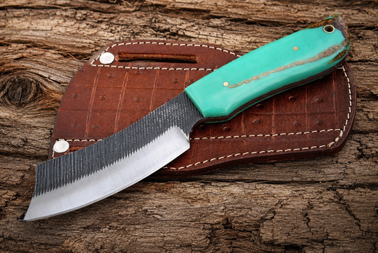 Hand Forged Railroad Spike Fixed Blade Knife – Rustic Steel Knife with Resin Handle & Leather Sheath