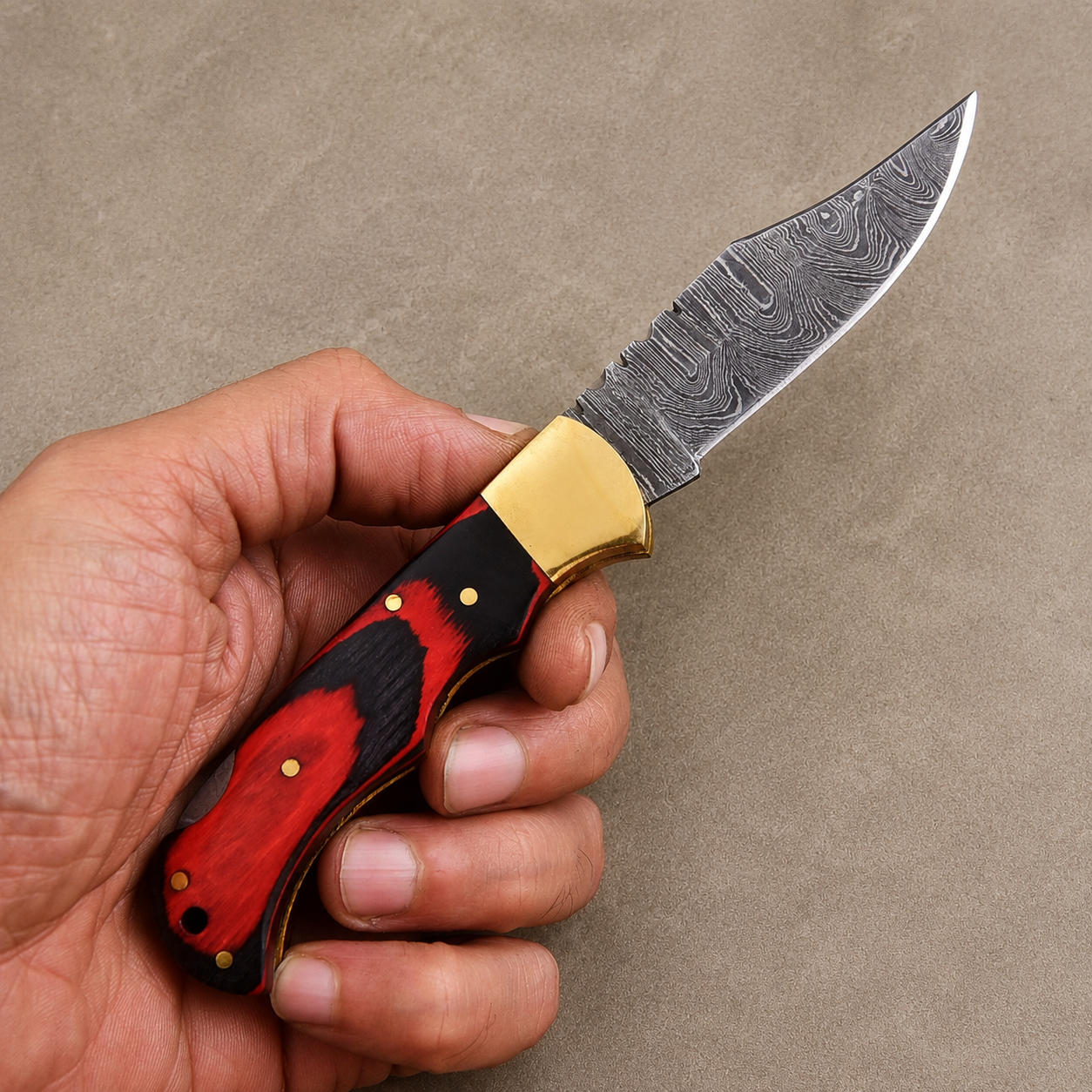 Artisan Folding Knife – Red Pakka Wood Handle, Brass Bolsters, Back Lock & Leather Sheath