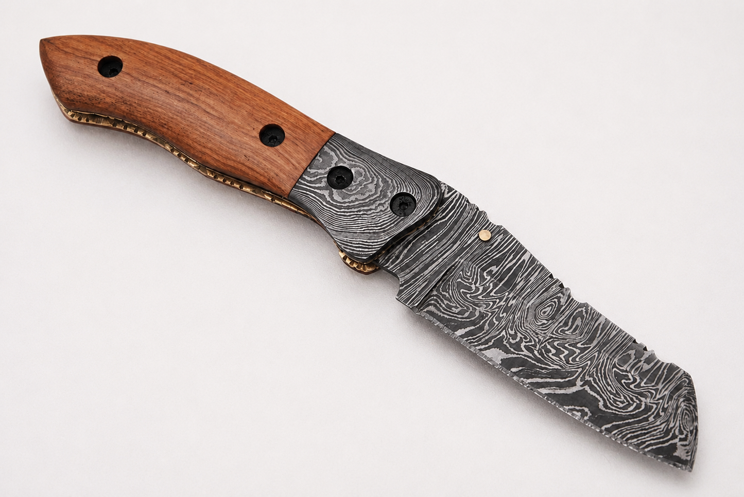 Handmade 512-Layer Damascus Steel Folding Utility Knife with Olive Wood Handle & Leather Sheath