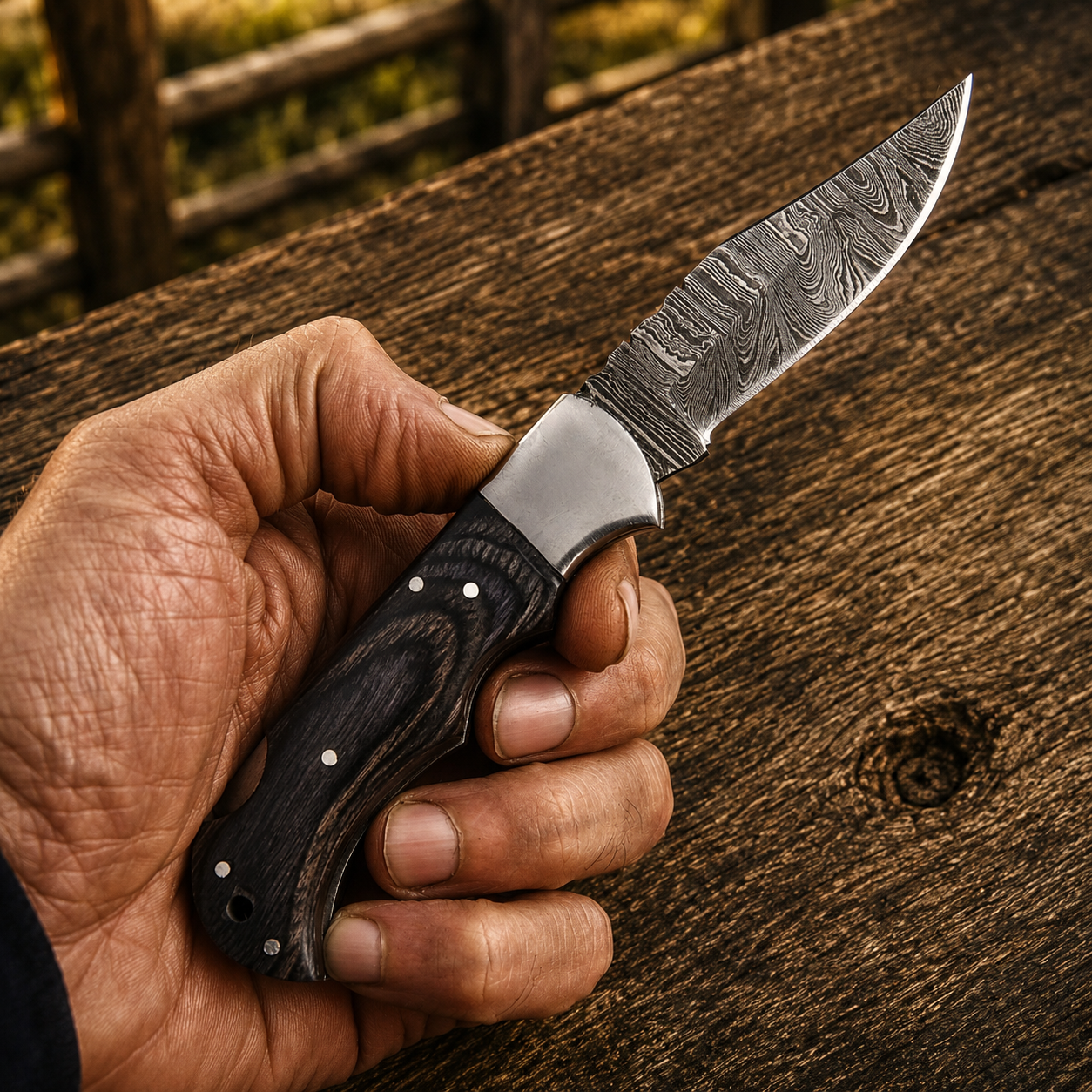 Artisan Folding Damascus Steel Pocket Knife – Black Pukka Wood Handle | Steel Bolster | Classic Back Lock