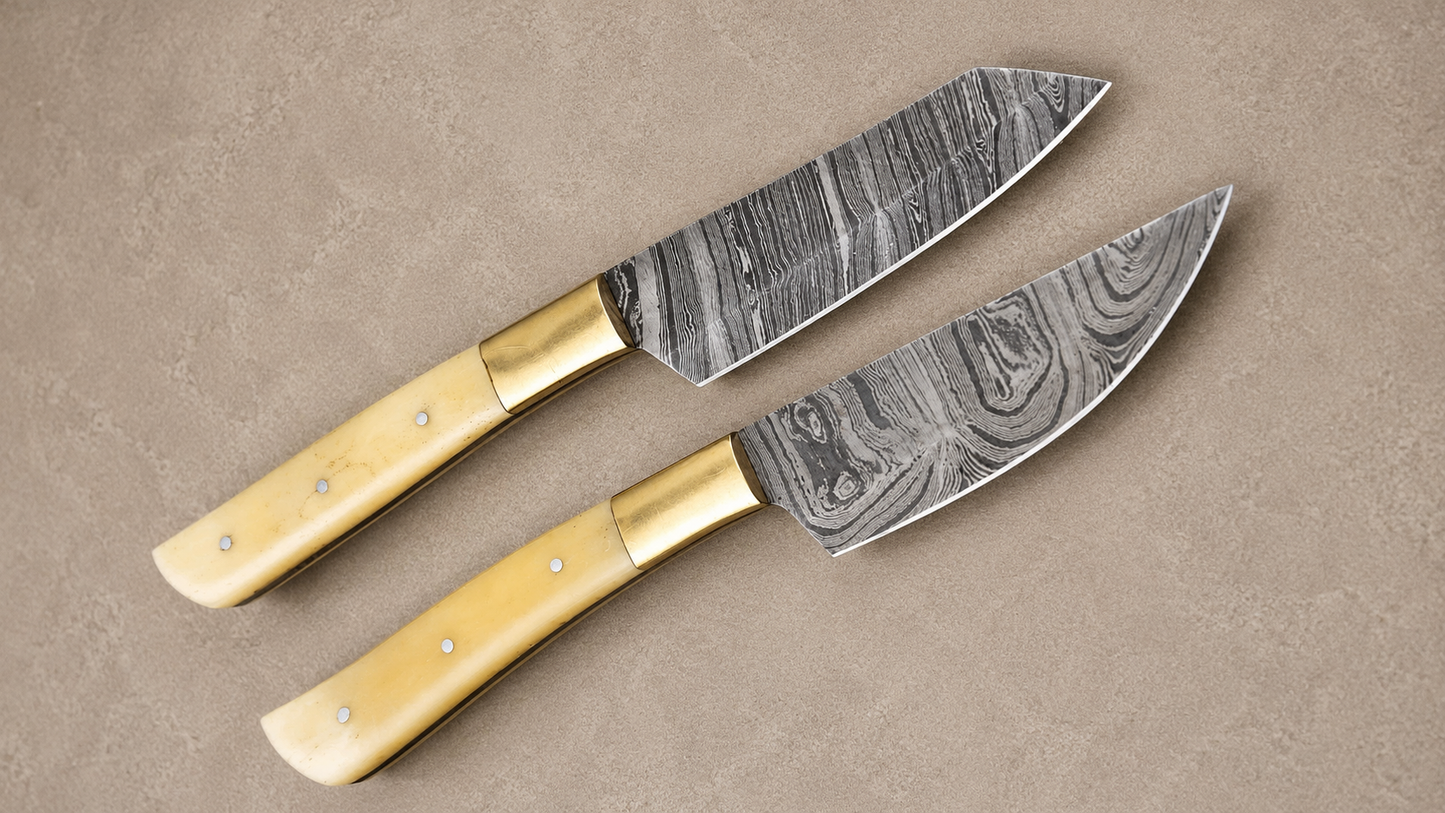 Handmade Damascus Steel Steak Knife Kitchen Set with Bone & Brass Handle – 512 Layers Twist Pattern Chef Knives