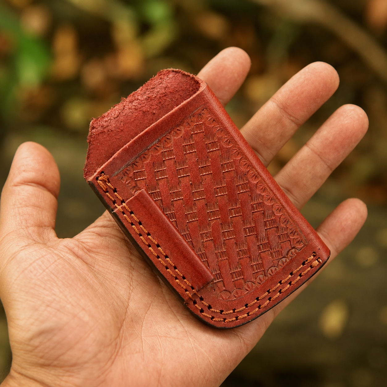 Handmade Genuine Leather Belt Pouch – Vertical Carry Tool Holder with Tooled Design