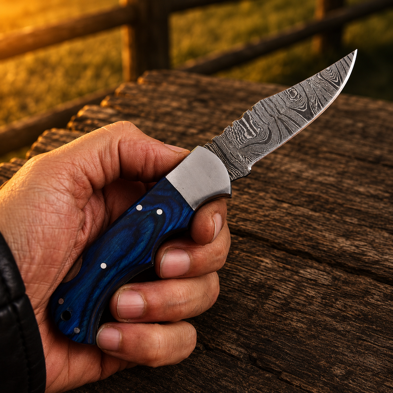 Artisan Folding Damascus Steel Pocket Knife – Blue Pukka Wood Handle | Steel Bolster | Classic Back Lock