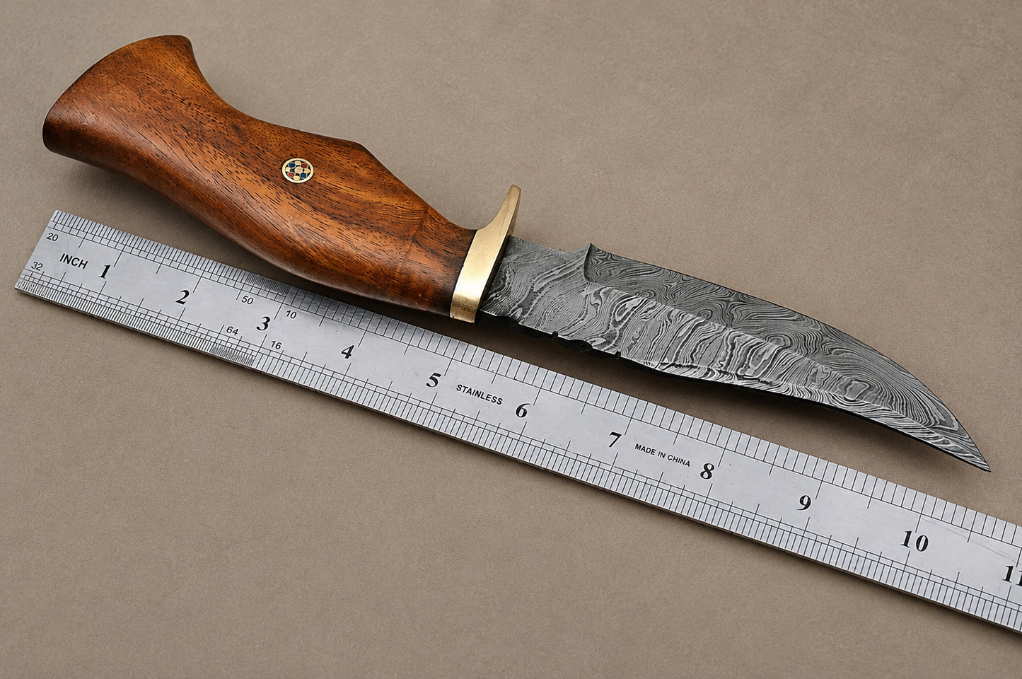 Timber Ridge Damascus Steel Knife – 512 Layer Hand Forged Blade with Wood Handle, Brass Guard & Leather Sheath