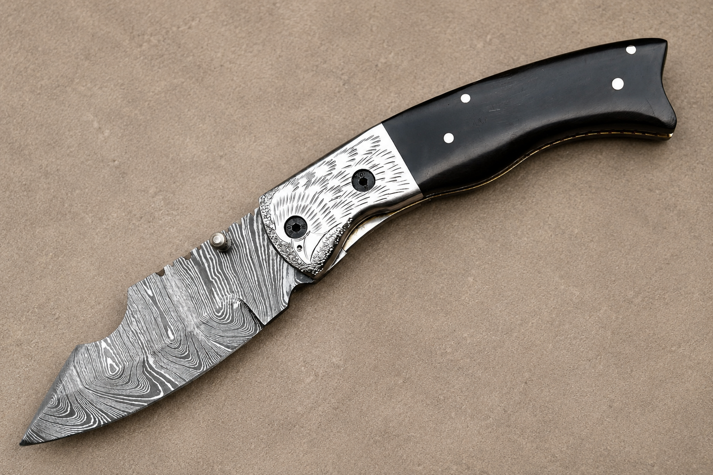 Hand Forged Damascus Steel Folding Knife with Bull Horn Handle