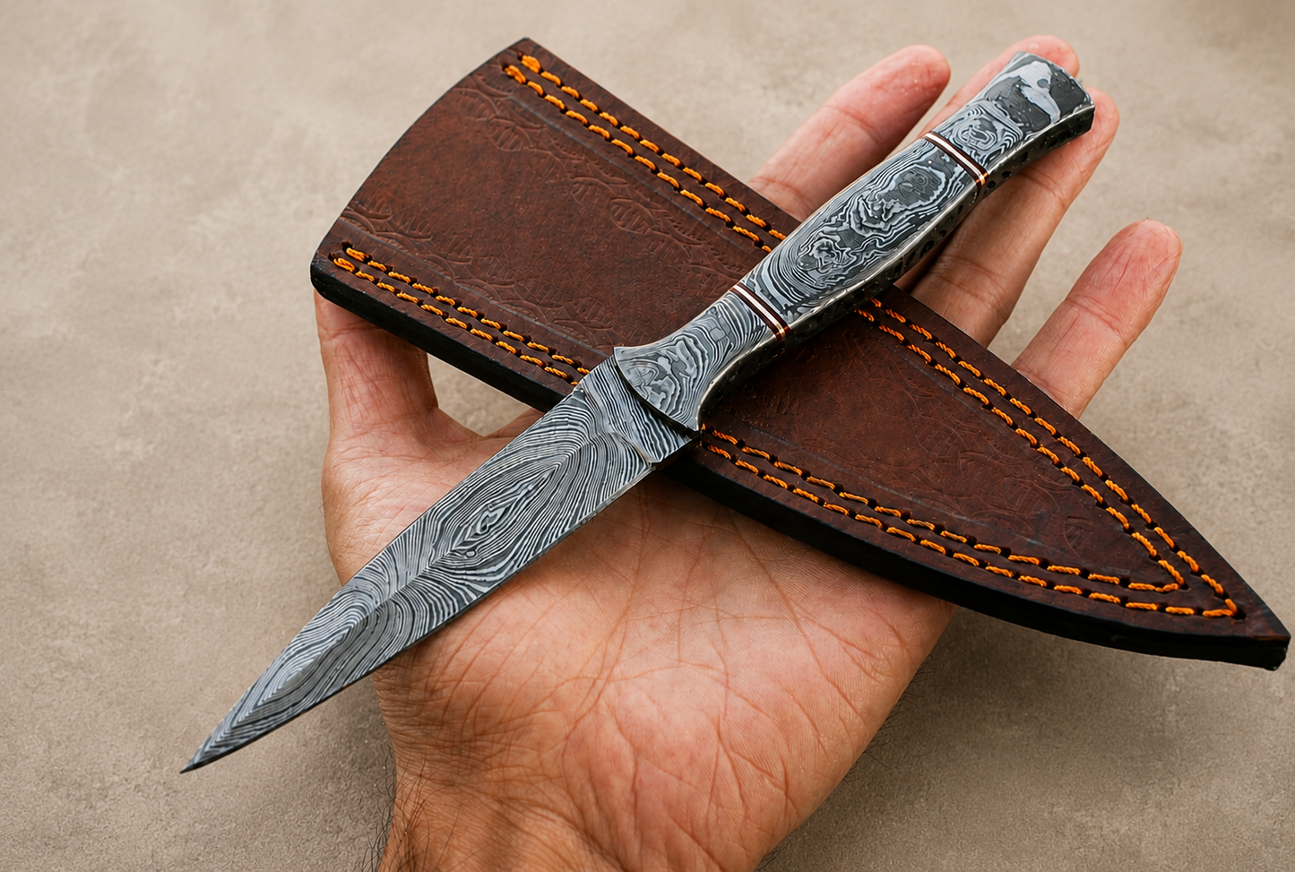 Hand Forged Damascus Steel Fixed Blade Utility Knife – Handmade Premium Damascus Handle with Leather Sheath