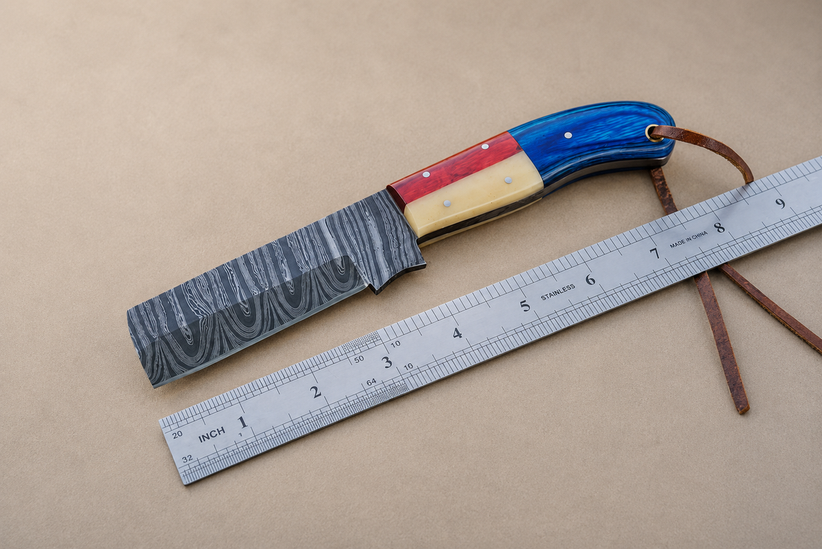 Heritage Trail Damascus Steel Utility Knife – 512 Layer Hand Forged Fixed Blade with Wood & Bone Handle, Leather Sheath