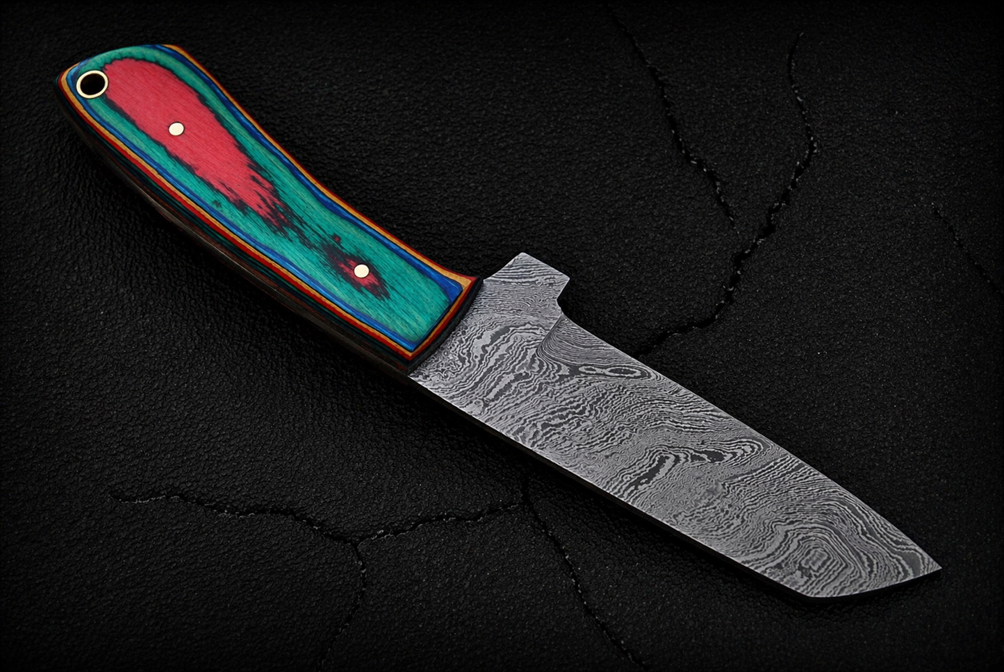 Hand Forged Damascus Steel Fixed Blade Tool with Wood Handle – Compact Utility Tool with Leather Sheath