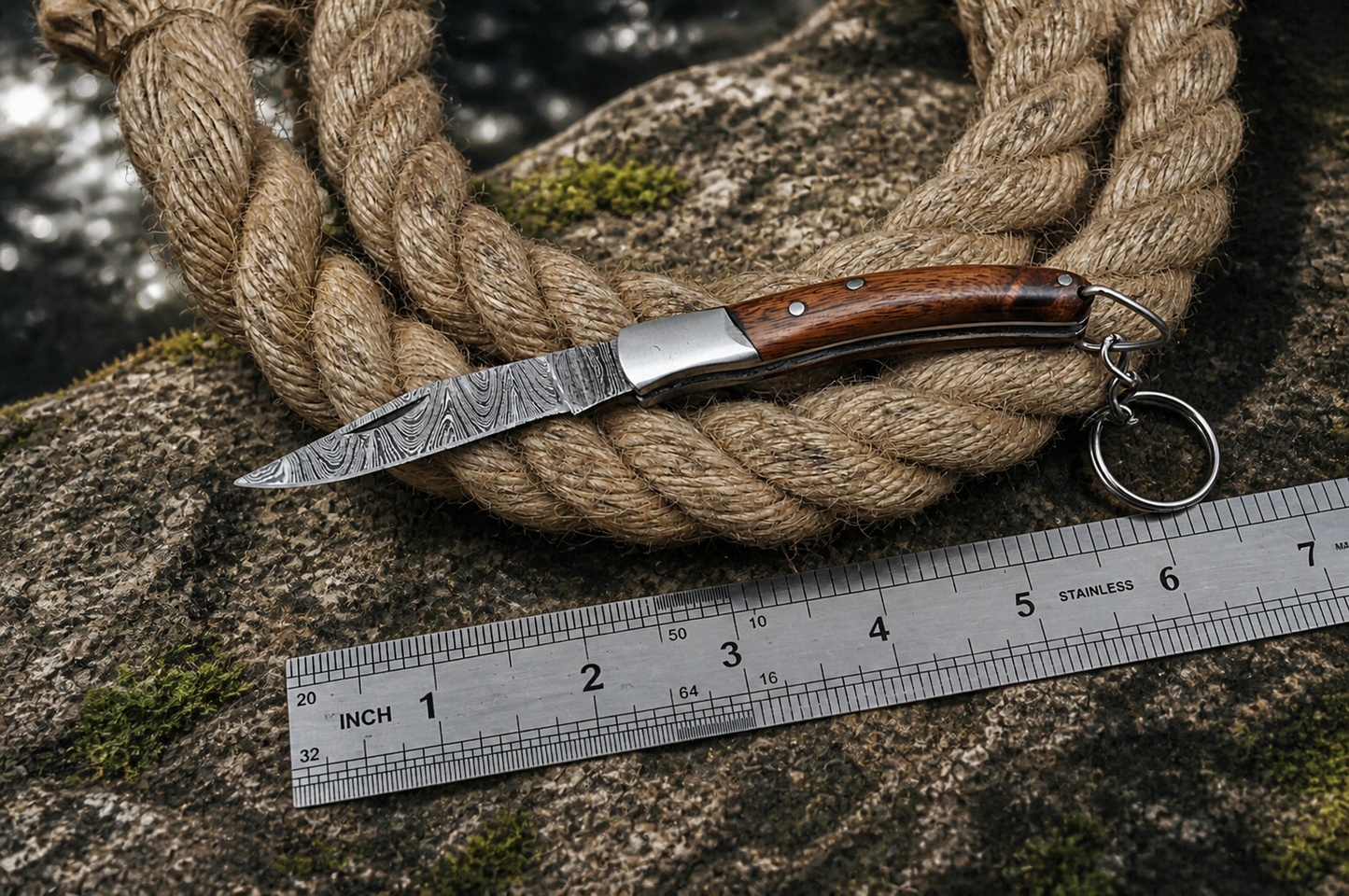 Hand Forged Damascus Steel Folding Knife Keychain – 3” Mini Pocket Knife with Wood & Steel Handle (512 Layers)