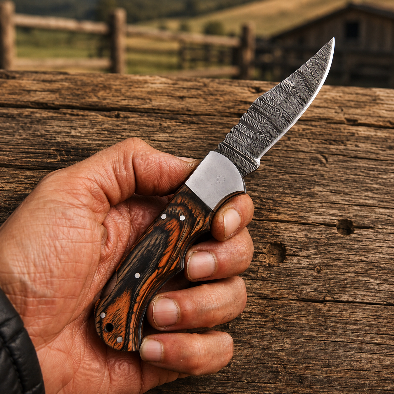 Artisan Folding Damascus Steel Pocket Knife – Brown Pukka Wood Handle | Steel Bolster | Classic Back Lock