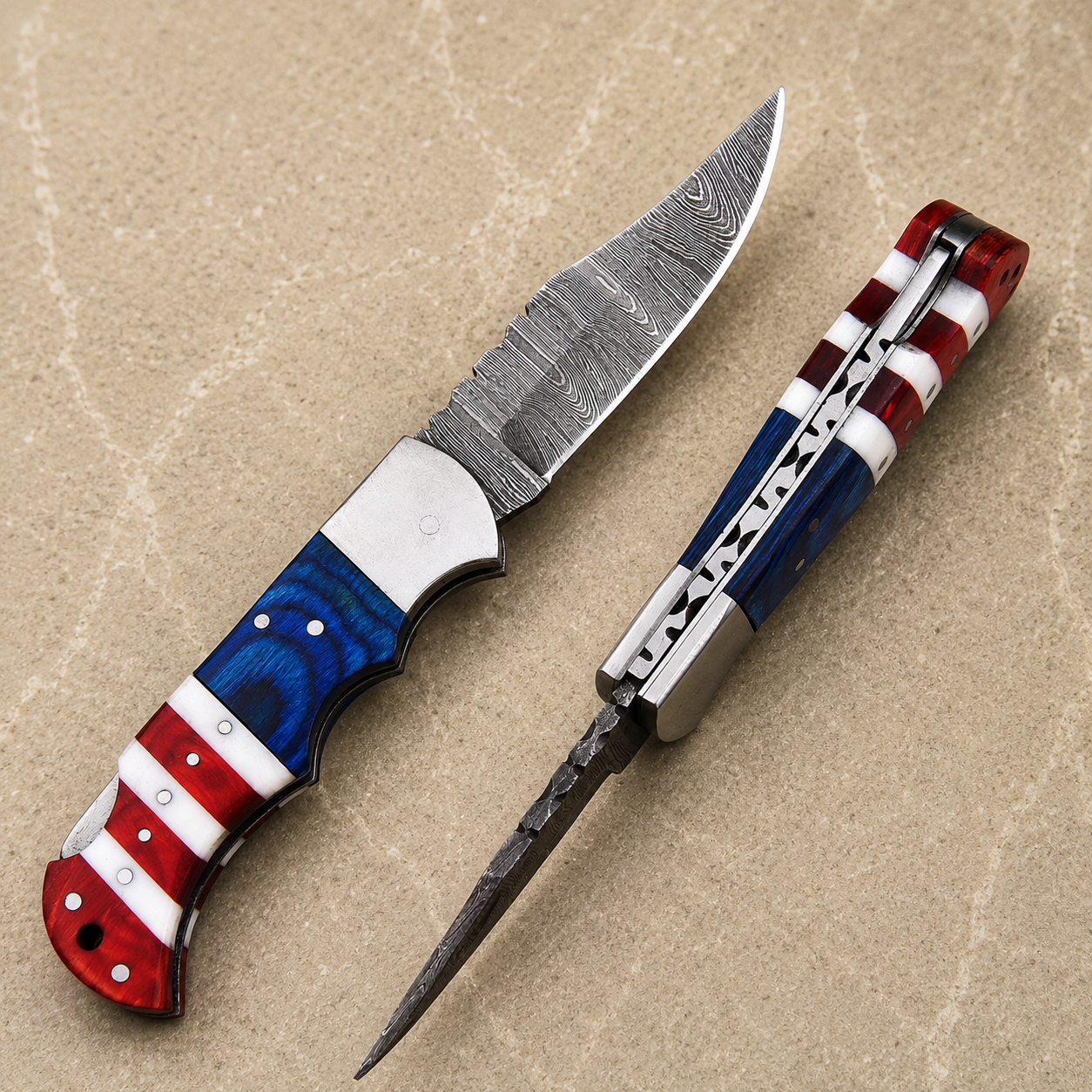 Artisan Folding Damascus Steel Pocket Knife – Blue & Red  Pakka Wood & Ivory Bone Handle, Steel Bolster & Classic Back Lock