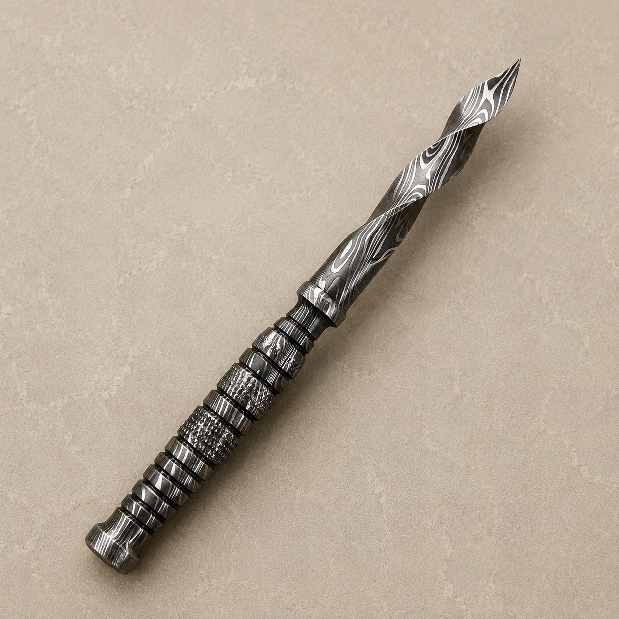 Wave Crest Damascus Steel Knife – 512 Layer Hand Forged Twist Pattern Blade with Leather Sheath