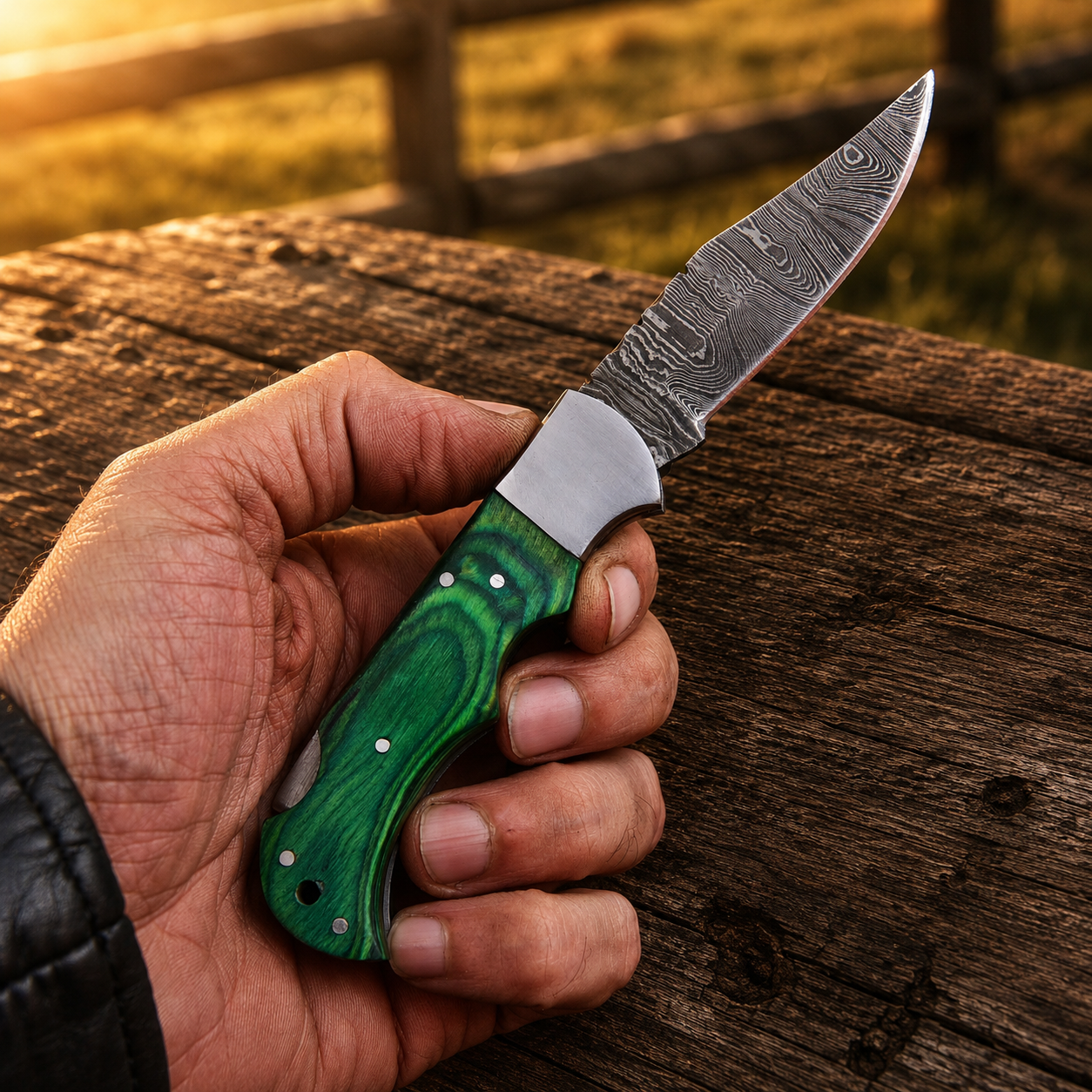 Artisan Folding Damascus Steel Knife – Premium Wood Handle | Steel Bolster |Green Handle| Classic Lock back