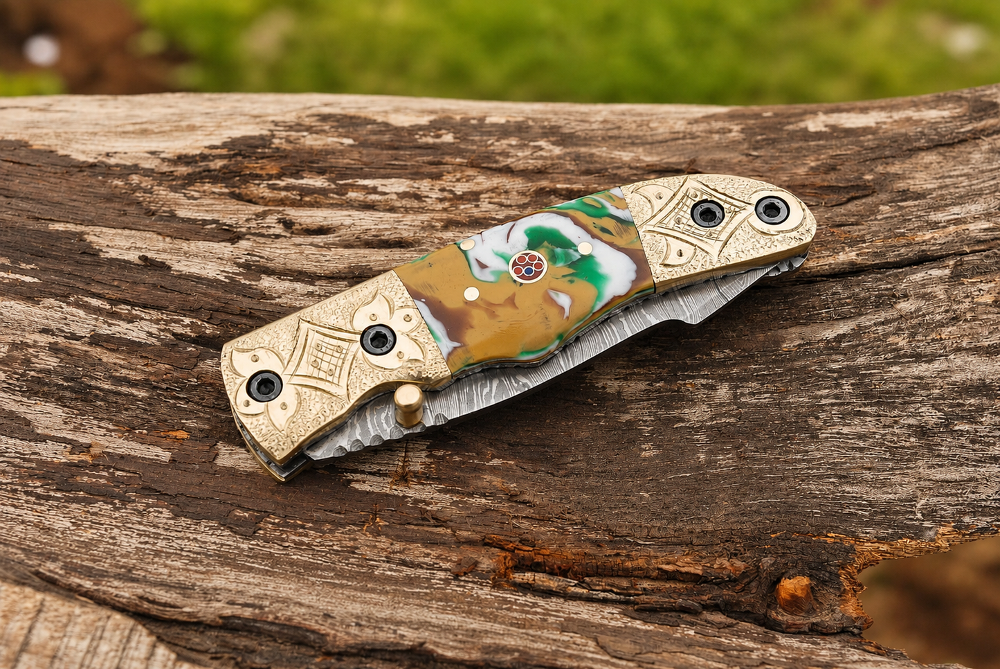 Hand Forged Damascus Steel Folding Pocket Knife – 512 Layers with Wood & Steel Bolster Handle and Leather Sheath