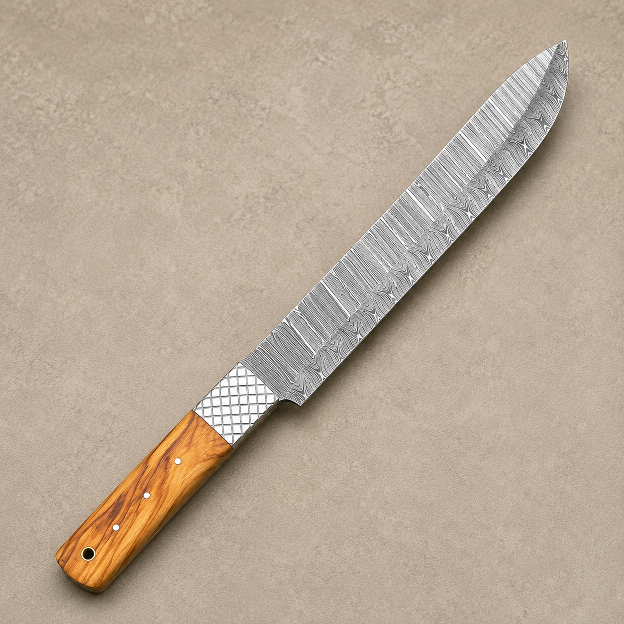 Handmade Damascus Steel Brisket Chef Knife with Wood Handle & Leather Sheath