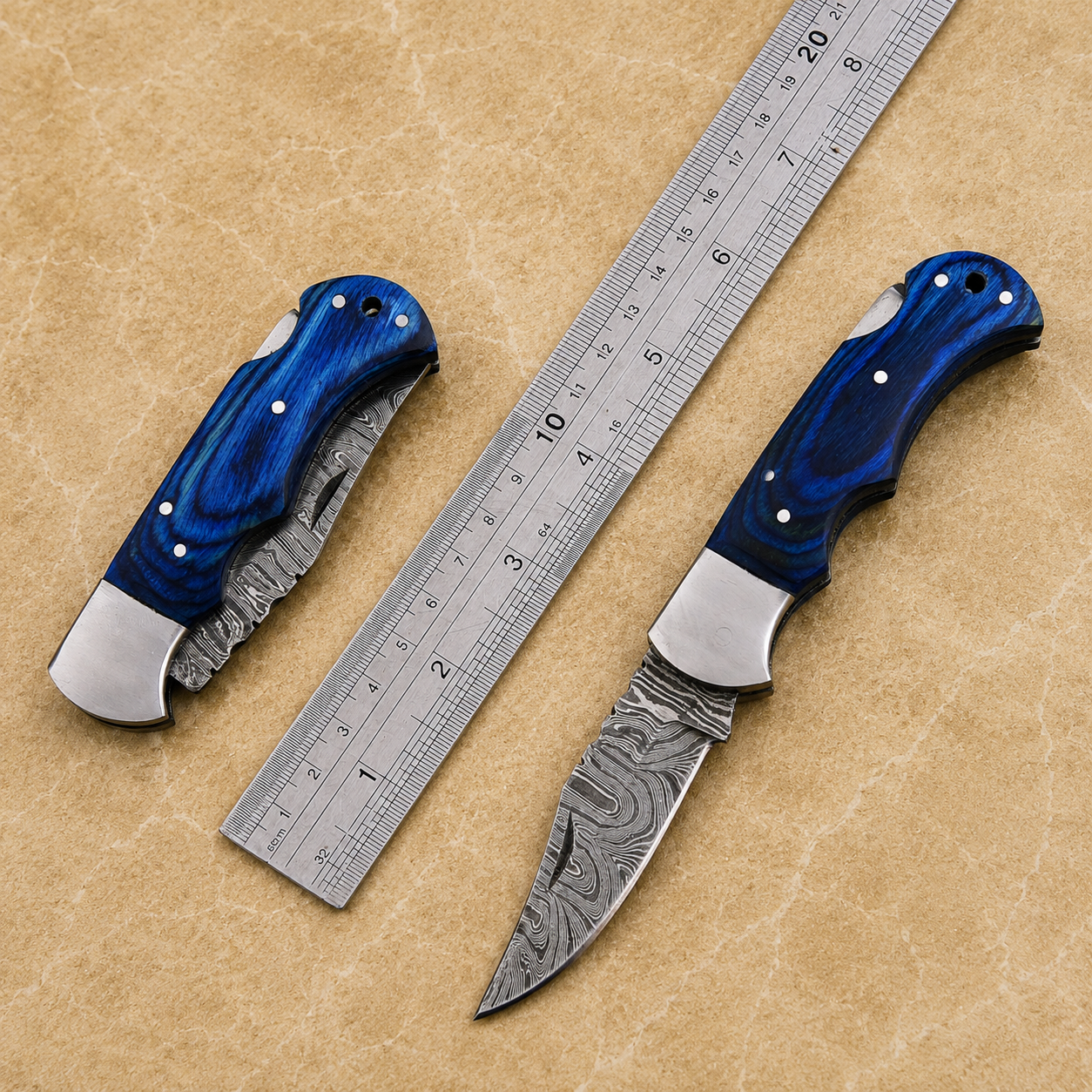 Artisan Damascus Steel Outdoor Folding Pocket Knife – Blue Pukka Wood Handle | Steel Bolster | Classic Back Lock