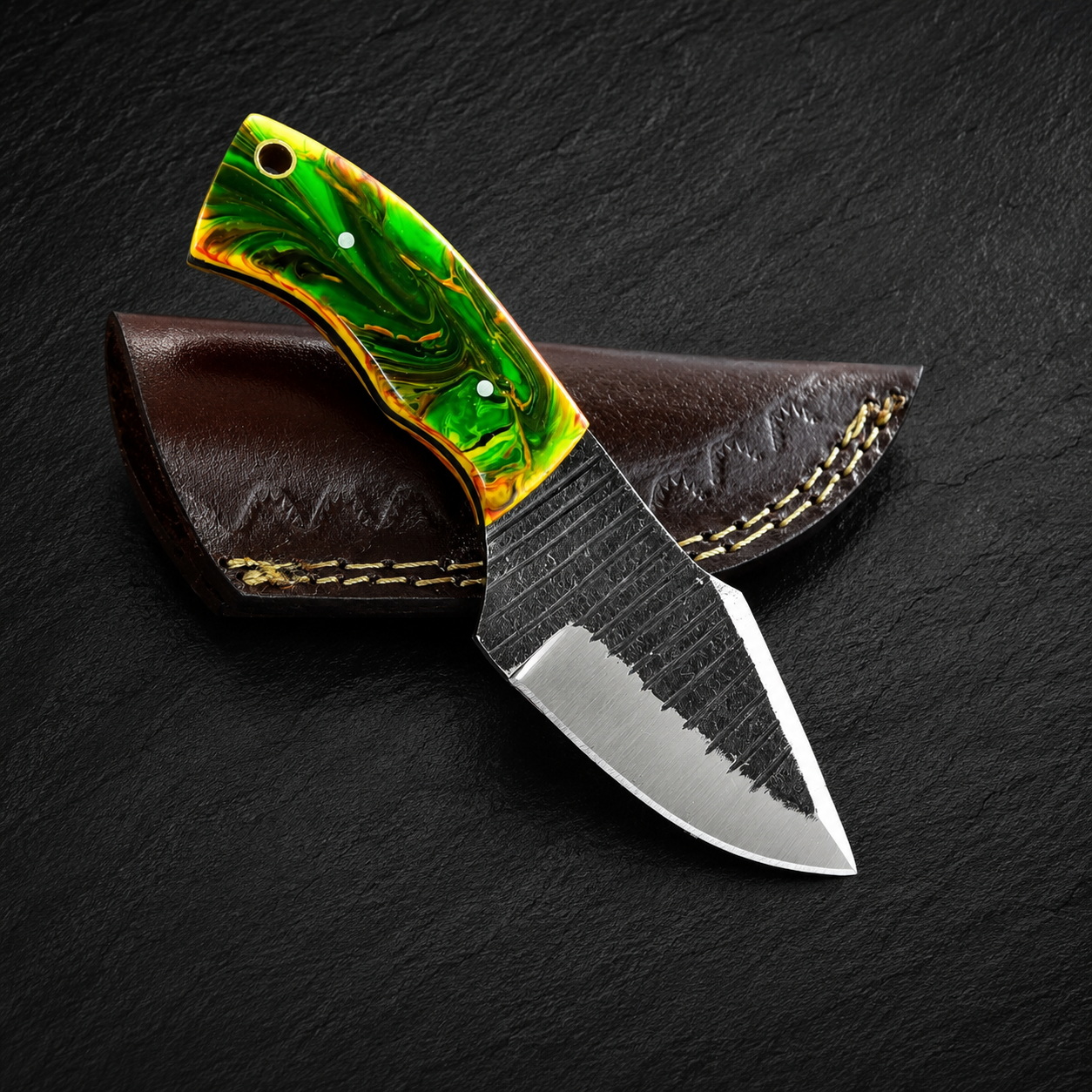 Carbon Ridge 1095 Steel Utility Knife – 6" Hand Forged Fixed Blade with Resin Handle & Leather Sheath