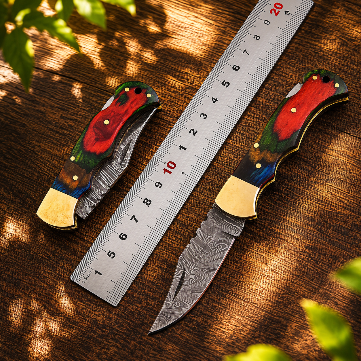 Handcrafted Damascus Steel Folding Utility Knife – Premium Outdoor Tool with Wood & Brass Handle