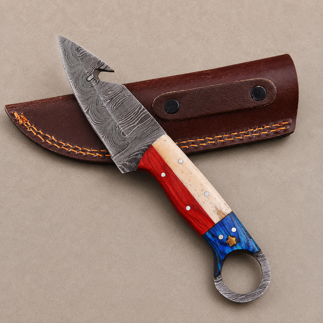 Hand Forged Damascus Steel Fixed Blade Knife with Texas Flag Bone & Wood Handl