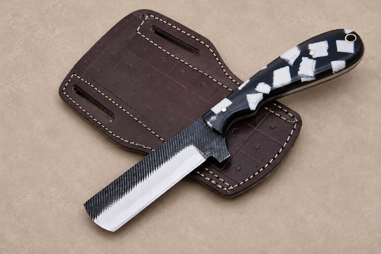 Forge Rail High Carbon Steel Utility Knife – Hand Forged Fixed Blade with Resin Handle & Leather Sheath