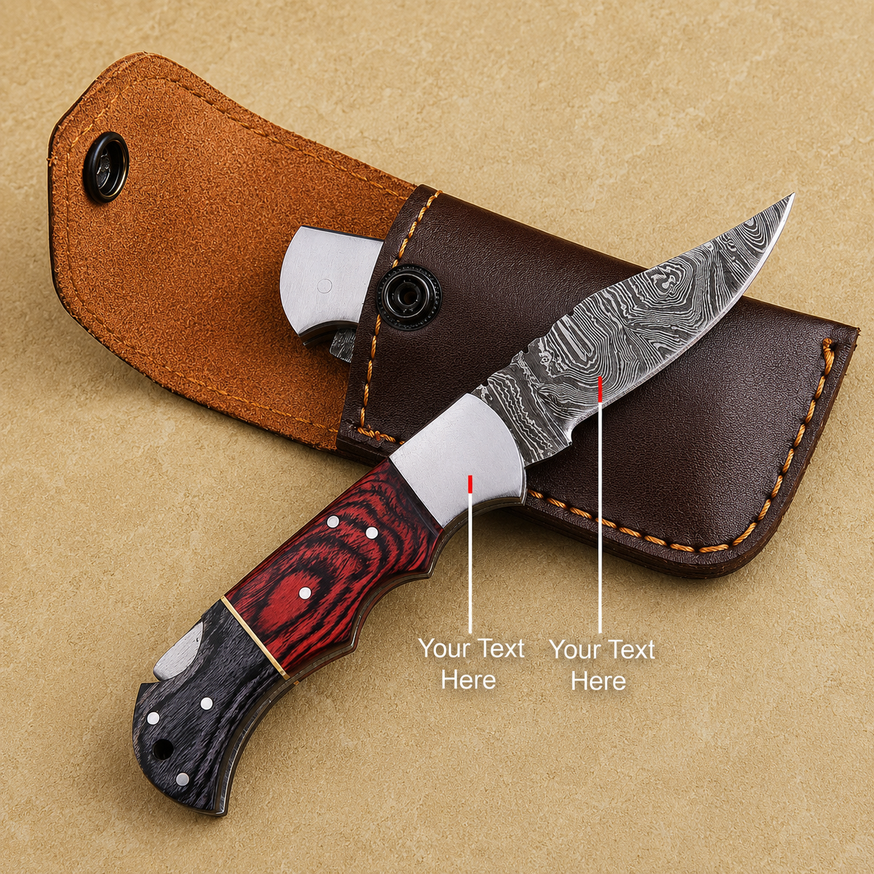Crimson Edge Damascus Steel Folding Knife – Red & Black Pukka Wood Handle, Steel Bolster & Classic Back Lock Custom Engraving Available