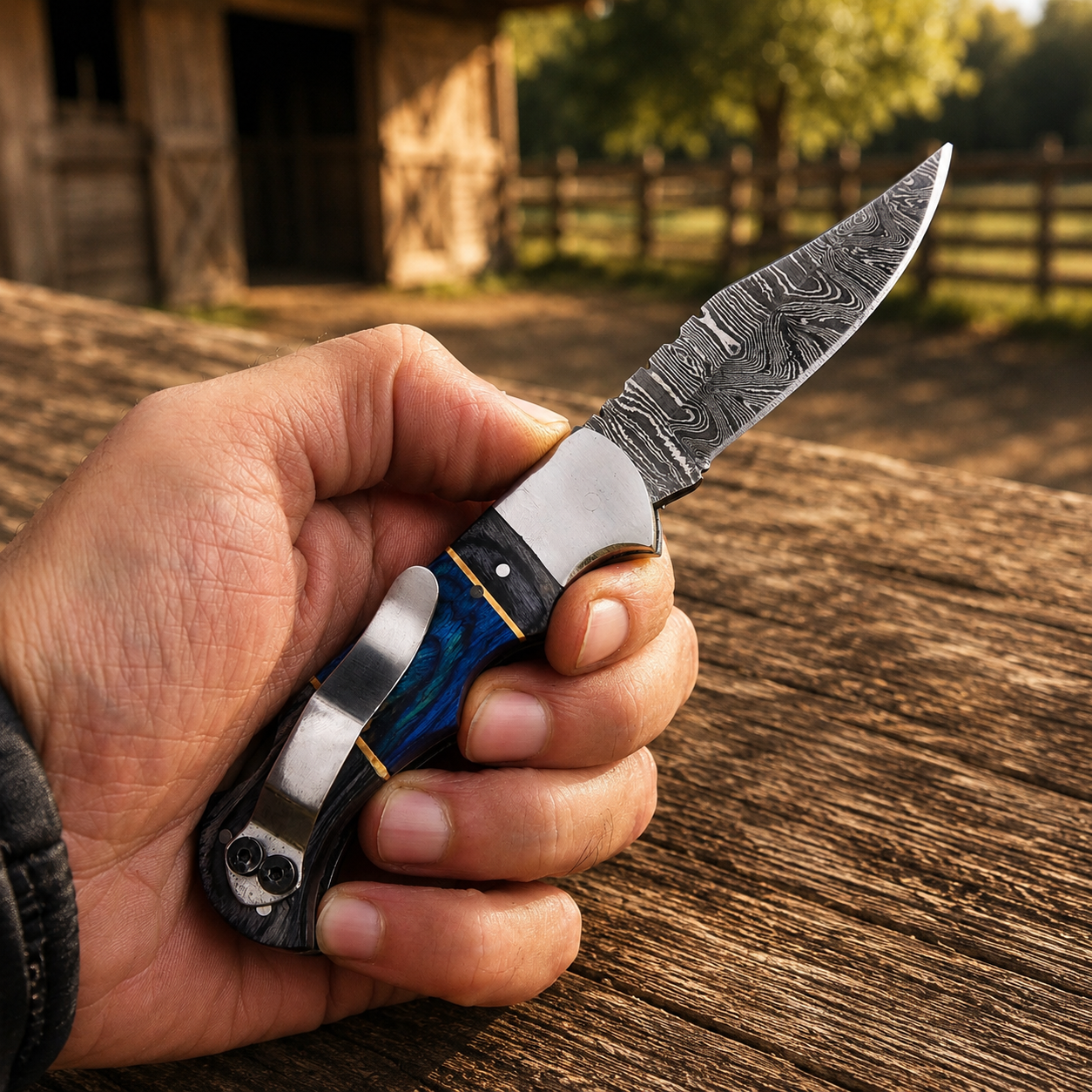 Hand Forged Damascus Folding Knife – Steel Bolster Pakka Wood Pocket Knife with Leather Sheath {Custom Engraving Available}